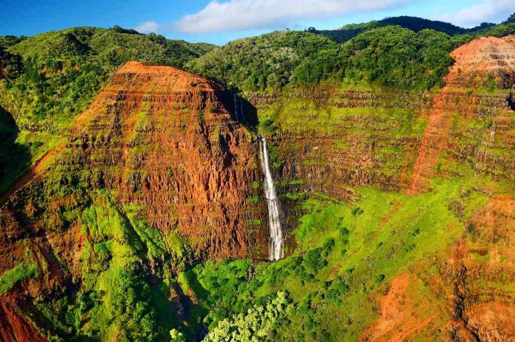 A tall red dirt waterfall cascades down red and green cliffs surrounded by dense forest under a partly cloudy sky.